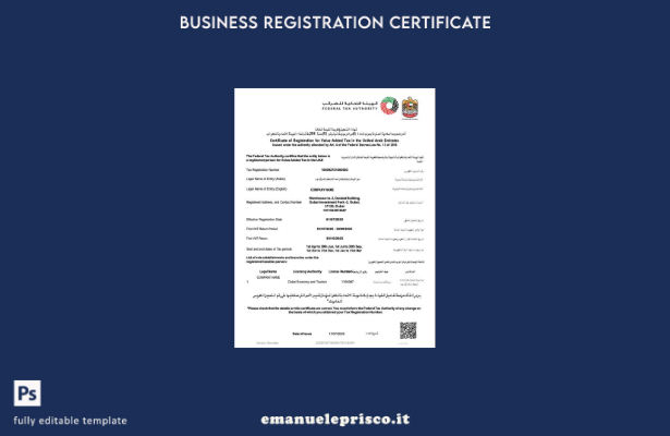Certificato di registrazione degli Emirati Arabi Uniti in stile verificato per 1